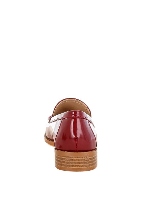 Back view of Burgundy Corleone Vegan Leather Loafers showing stacked heel and rubber outsole.