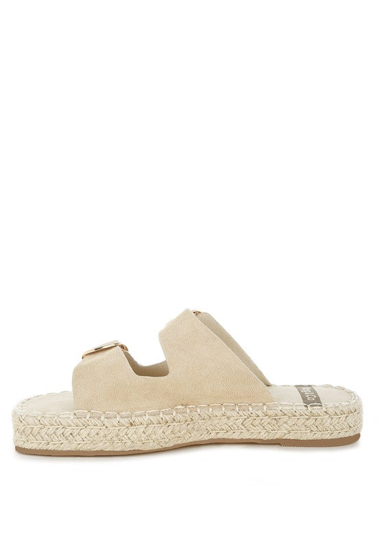 Beige genuine leather espadrille flatform sandal inside side view with open square toe, buckle strap, and espadrille heel.