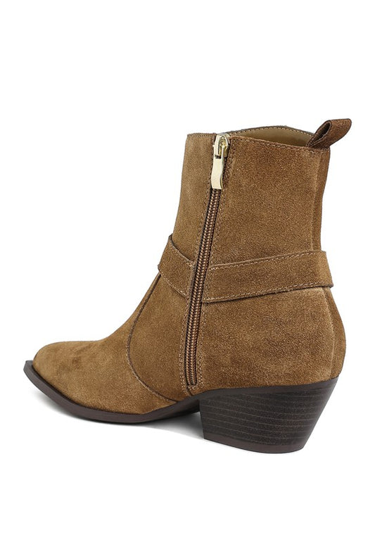 Jockey Harness Ankle Boots taupe suede back side angle with zipper fastening
