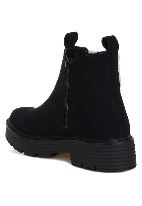 Back inside view of Black Mothman Chunky Ankle Boots with side zipper closure and block heel.