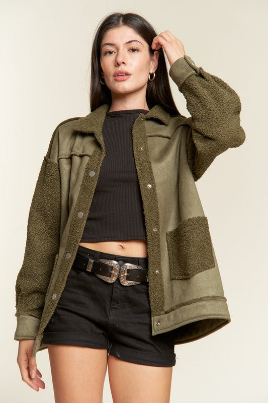 Front view of Galina Curvy Plus Faux Suede Jacket in olive with sherpa collar and trim.