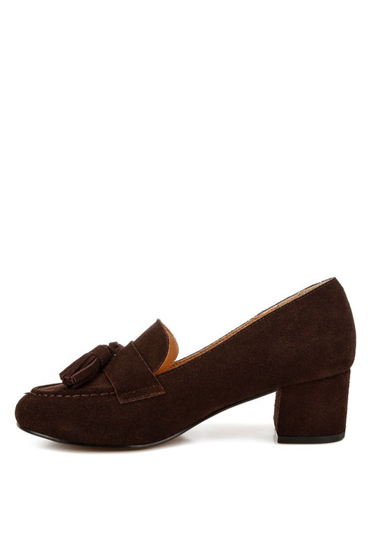 Side view of Brown Ziva Suede Loafer Heels highlighting suede finish.