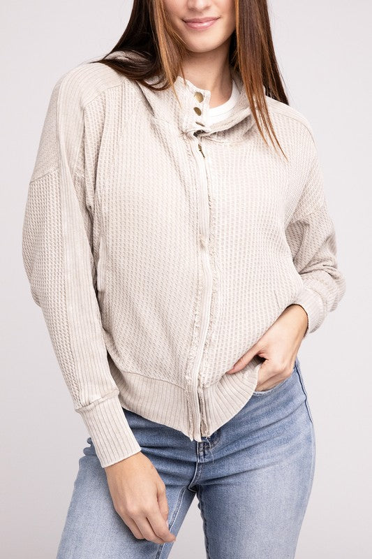 Close-up of Light Mocha Hanna Hooded Jacket’s waffle knit and acid-wash finish.