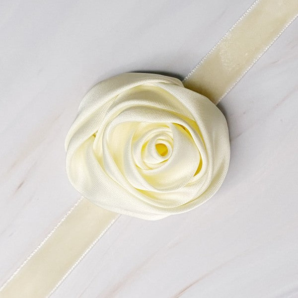 Cream Satin Rose Velvet Sash Necklace with rose detail displayed flat