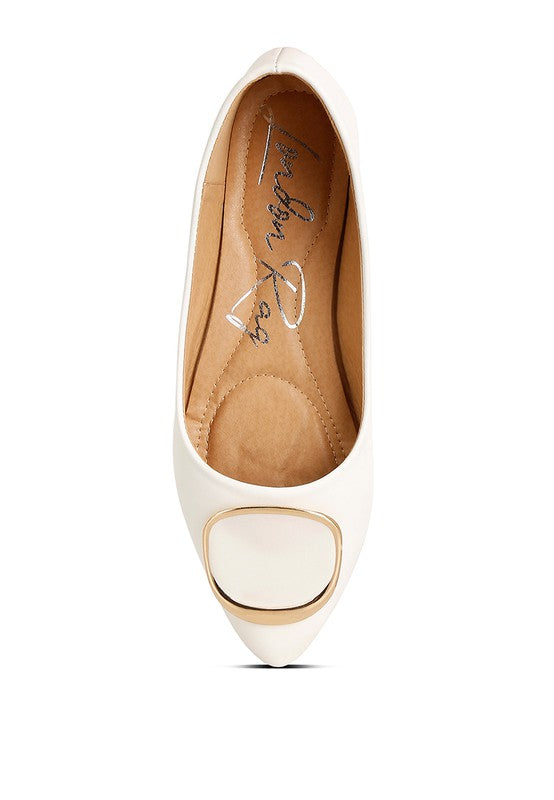 Top view of white ballet flats with cushioned insole and brooch accent
