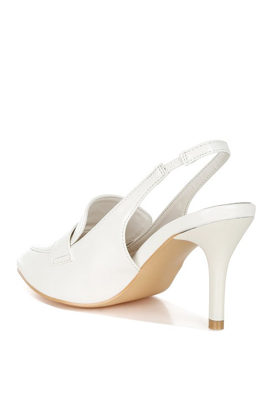 Back angle of White Voisin Slingback Loafer Heels showing slingback strap and stiletto heel.