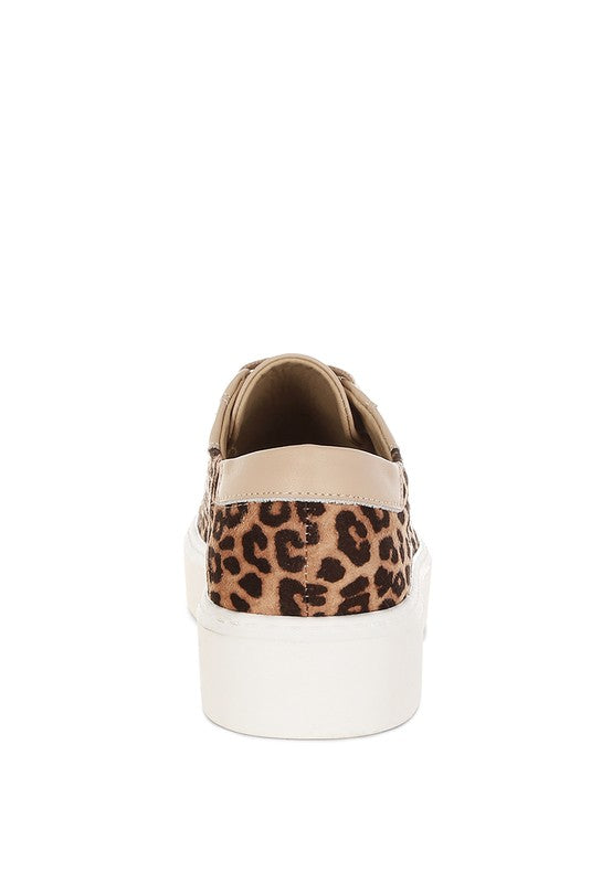 Heel view of beige leopard print studded sneakers.