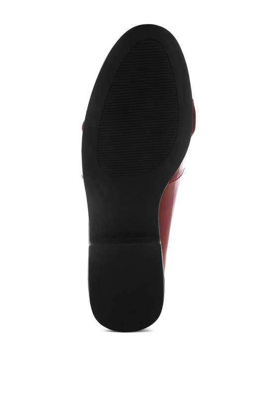 Bottom sole view of Araminta Classic Chunky Bow Loafers in Burgundy with non-slip rubber sole