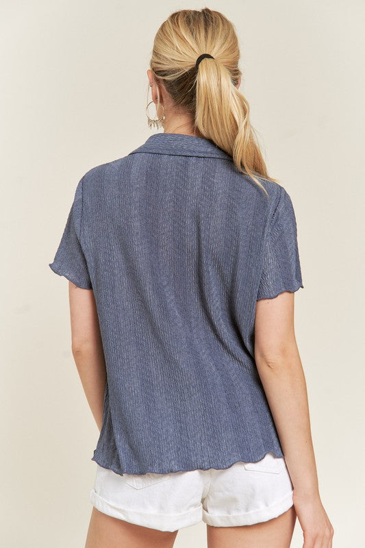 Back view denim blue plus size textured shirt, casual style.