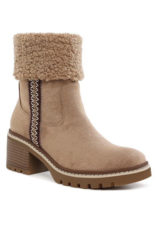 Front angle of Beige Woolly Faux Fur Embroidered Boots with fur collar and block heel.