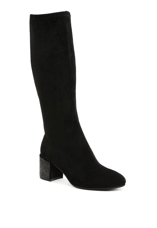 Sinaloa Microfiber Knee High Boots Black front angle with embellished heel
