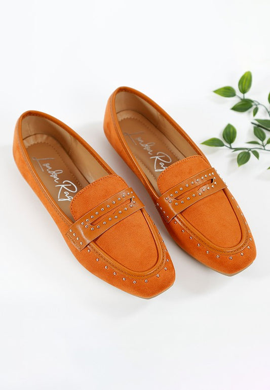 Top view of Tan Lumina Penny Strap Studded Loafers showing square toe and penny strap detail.