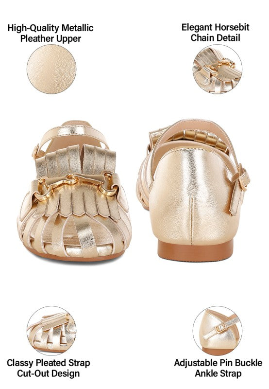 detail of Noori Metallic Fringe Flat Sandals showing closed round toe.