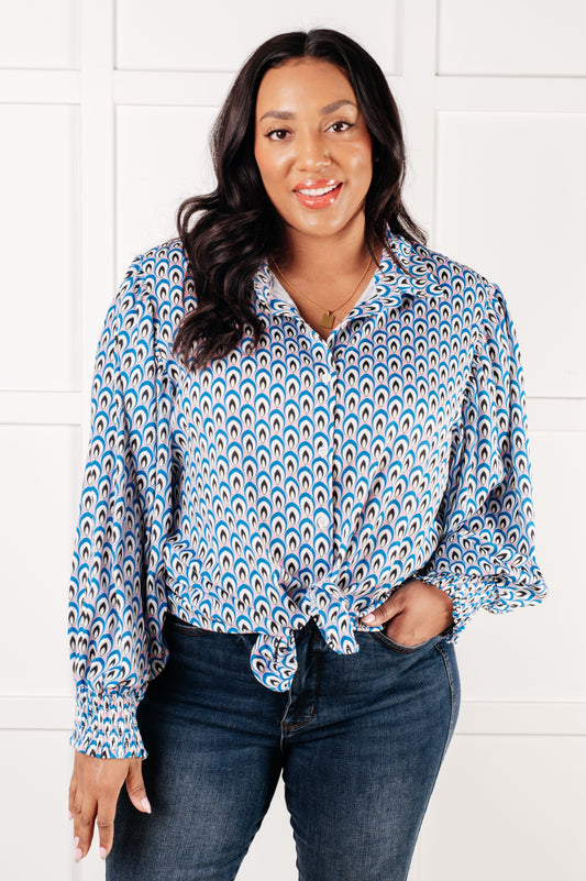 Plus size Skyla Button-Up Shirt in blue patterned poplin, styled with knotted front.