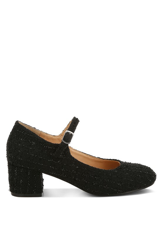 Side angle of Black Antara Tweed Mary Jane Heels showing tweed fabric and cushioned insole.