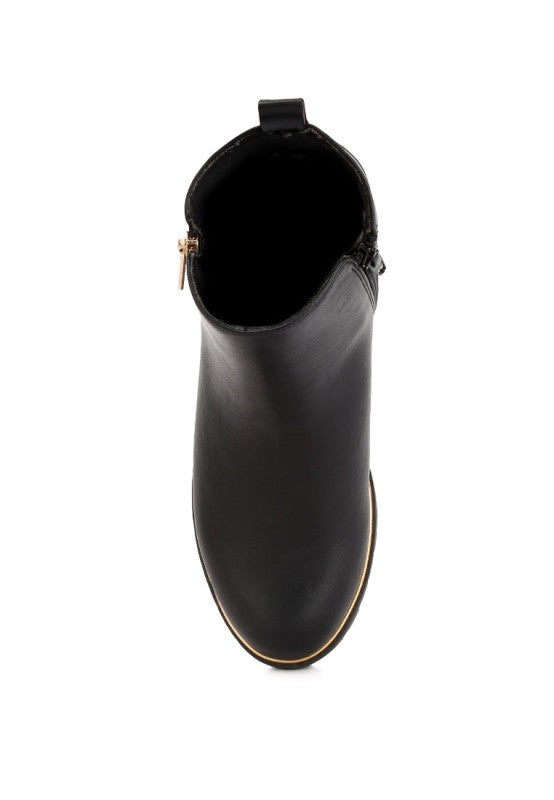 Top view of Thorin Block Heel Boots showing round toe design, pull tab, and dual zippers on inside and outside.