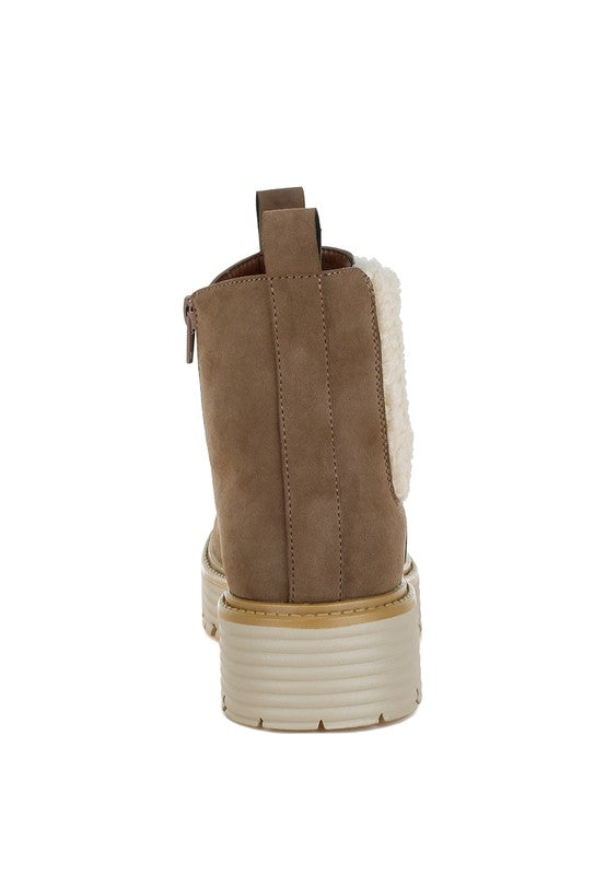 Back view of Taupe Mothman Chunky Ankle Boots showing block heel and ankle shaft structure.