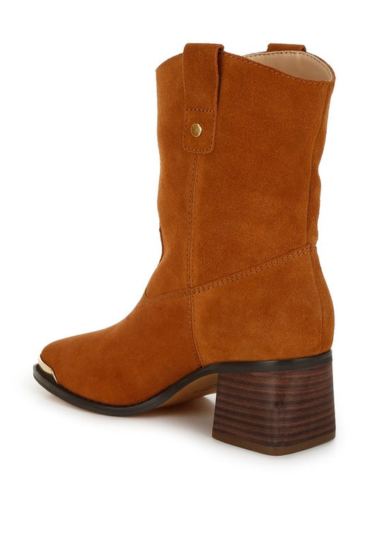 Tan suede Emberly ankle boots with pull tabs and stitched panel detailing.
