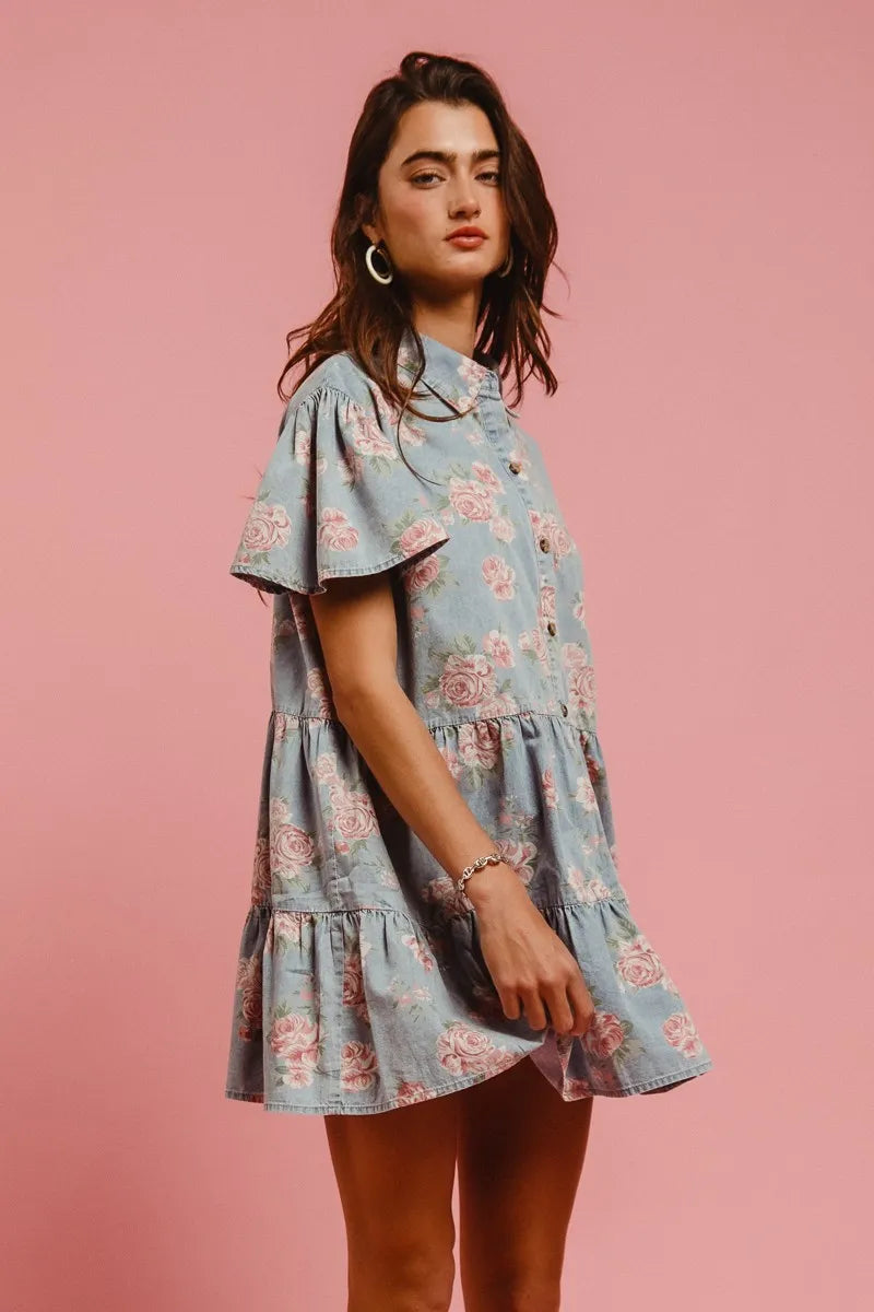 Side view of Isla Floral Shirt Dress showing lightweight cotton fabric, ruffled tiers, and relaxed silhouette.