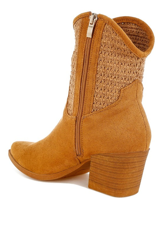 Tan Bimmy Woven Western Boots back inside angle highlighting panel stitching and side zipper with pull tab.
