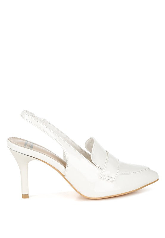 Side view of White Voisin Slingback Loafer Heels with 3-inch stiletto heel and pointed toe.