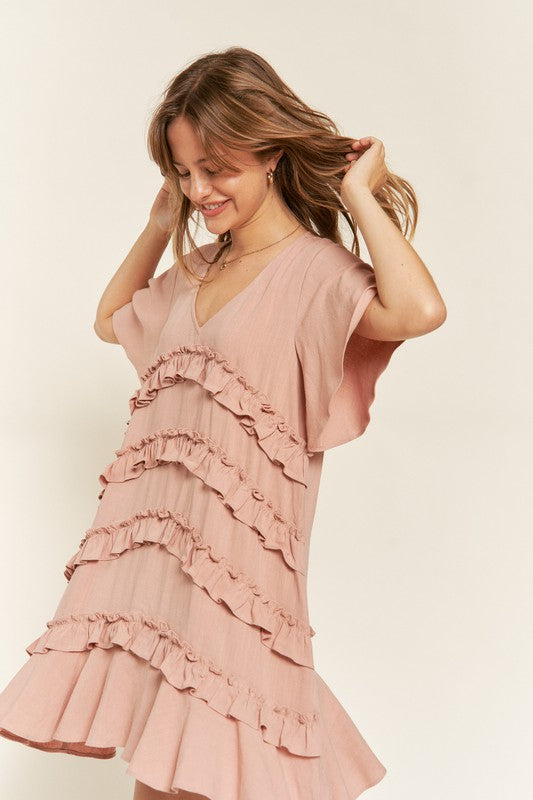 Gentry Curvy Plus Size Tiered Ruffle Mini Dress – V-Neck Flared Sleeves