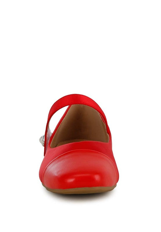 Red Albi Mary Jane Flats front view with strap detail