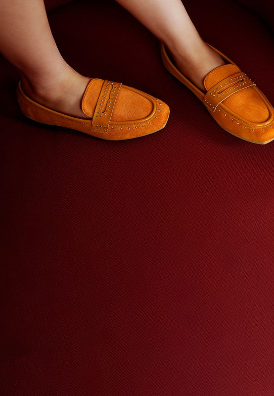 Tan Lumina Penny Strap Studded Loafers showing flat heel design