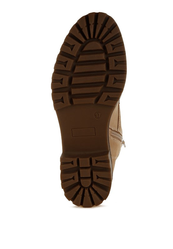 Bottom view of Beige Mahisha Hiker Boots with anti-skid lug sole and 2-inch stacked block heel.