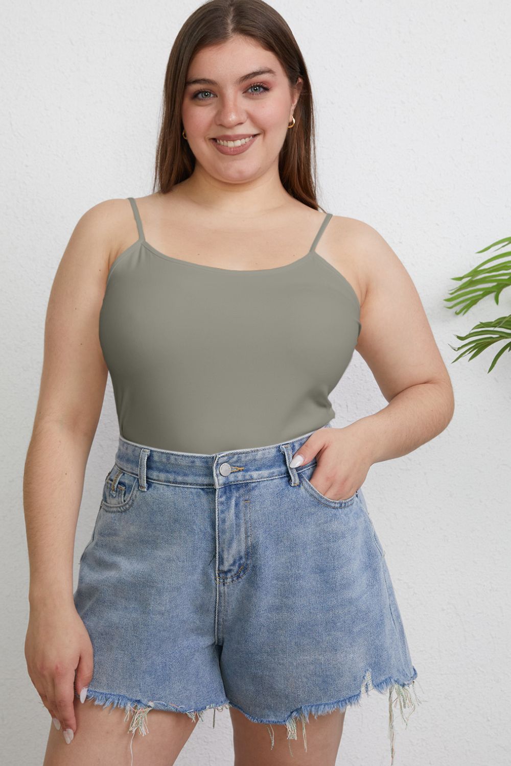 Plus size model wearing charcoal Winetta Slim Cami, round neckline, slim fit.