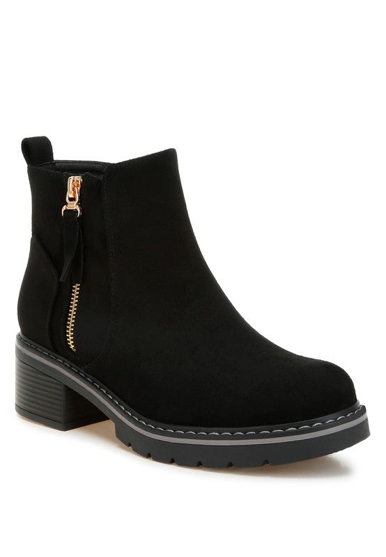 Front angle of Black Tigris Microfiber Zipper Boots with tassel zipper detail and block heel.