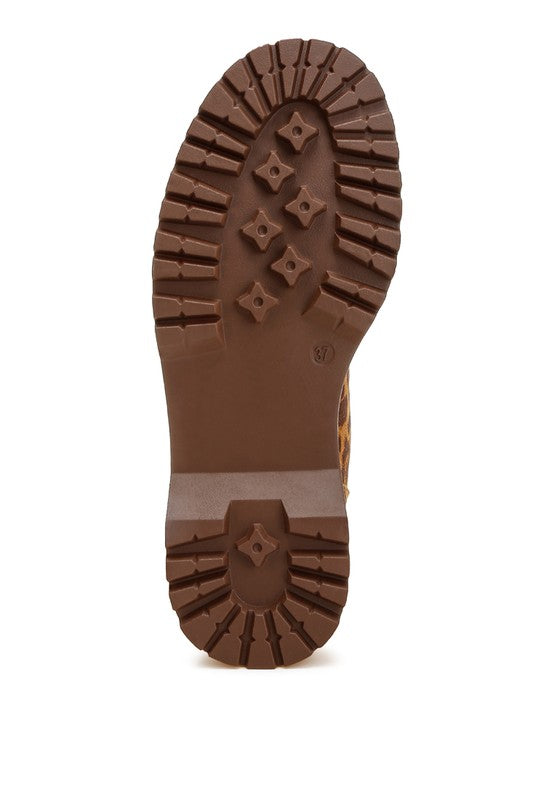 Bottom view of Ujola High Ankle Leopard Real Suede Leather Boots highlighting lugged TPR sole for traction.