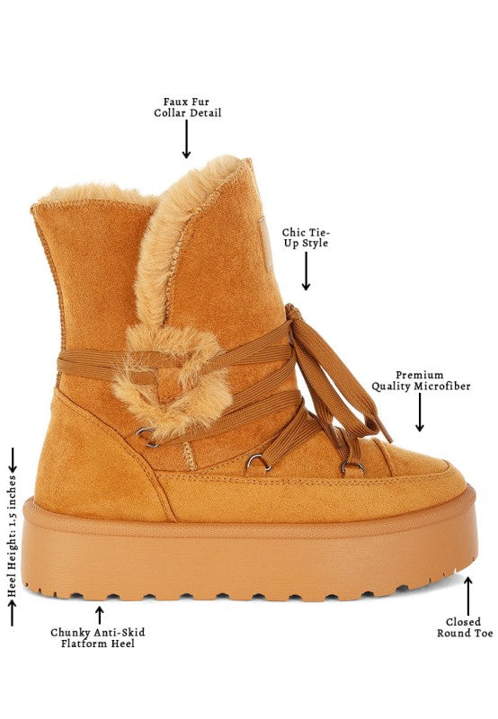 Overview of Tan Noaya Chunky Faux Fur Snow Boots outlining features of boot.