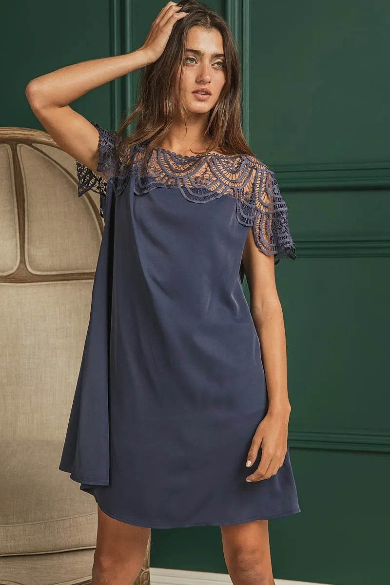 Misty Navy Crochet Lace Boho Dress, front view showing boat neckline and flowy fit.