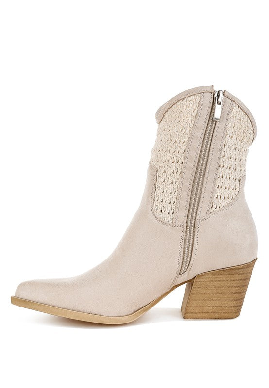 Beige Bimmy Woven Western Boots inside side angle showing zipper and panel detailing.