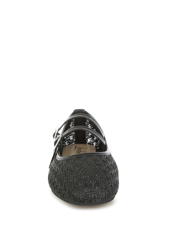 Front view of Warena Ballerinas in black, cushioned insole and woven raffia texture