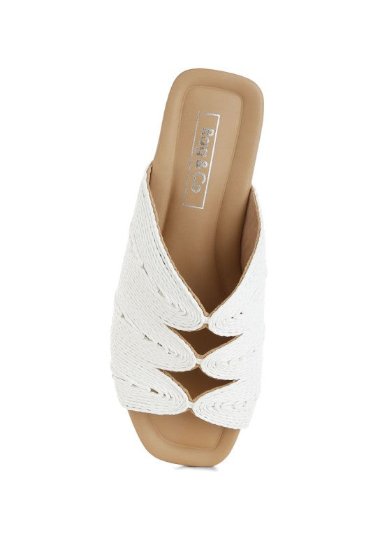 Top view of white Daisy Doe raffia flat showing the open square toe and intricate cut work pattern.