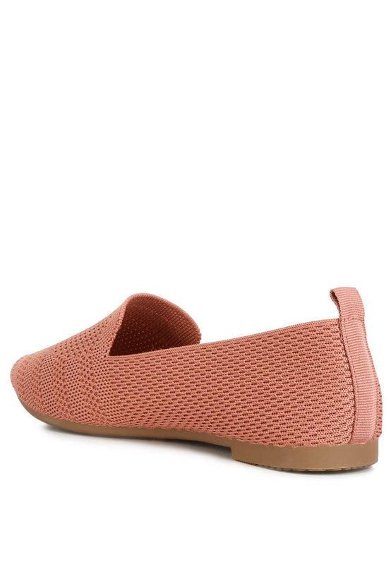 Akili Knit Textile Solid Flats in pink, back angle with pull tab detail