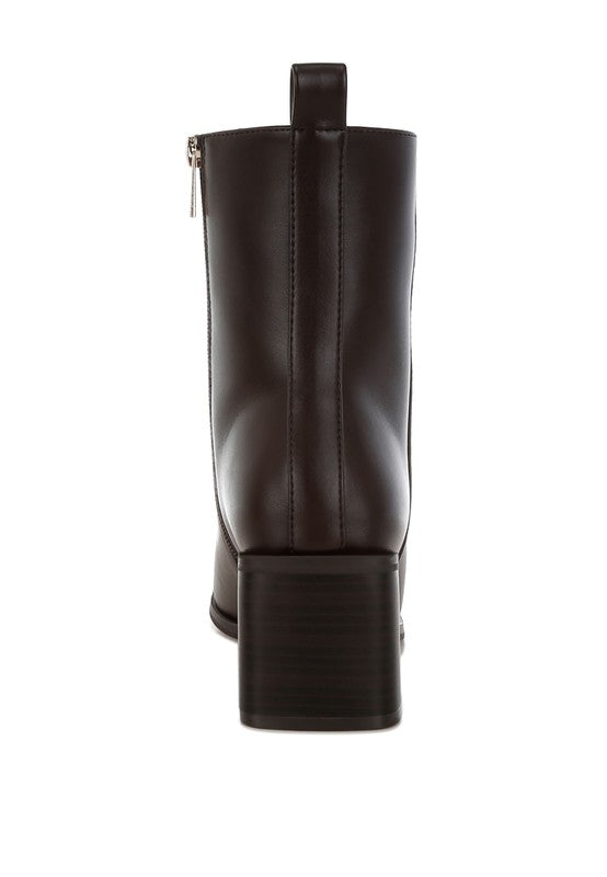 Back view of Brown Muskox Square Toe Boots with block heel and smooth vegan leather design.