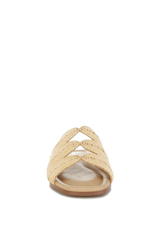 Front view of beige Daisy Doe raffia flat showcasing the open square toe and intricate cut work detail.