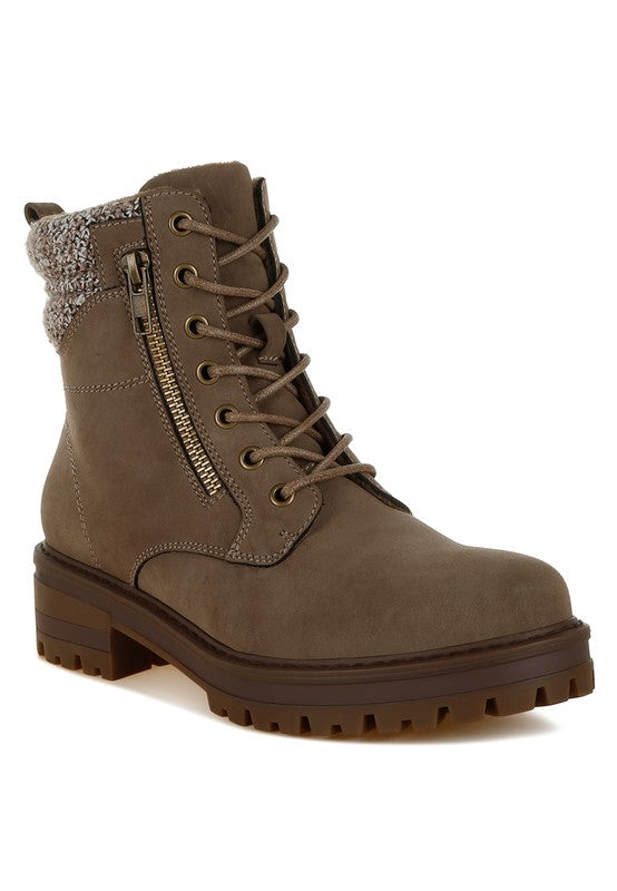 Front angle of Taupe Mahisha Hiker Boots with savvy front zipper, lace-up design, and knitted collar detail.