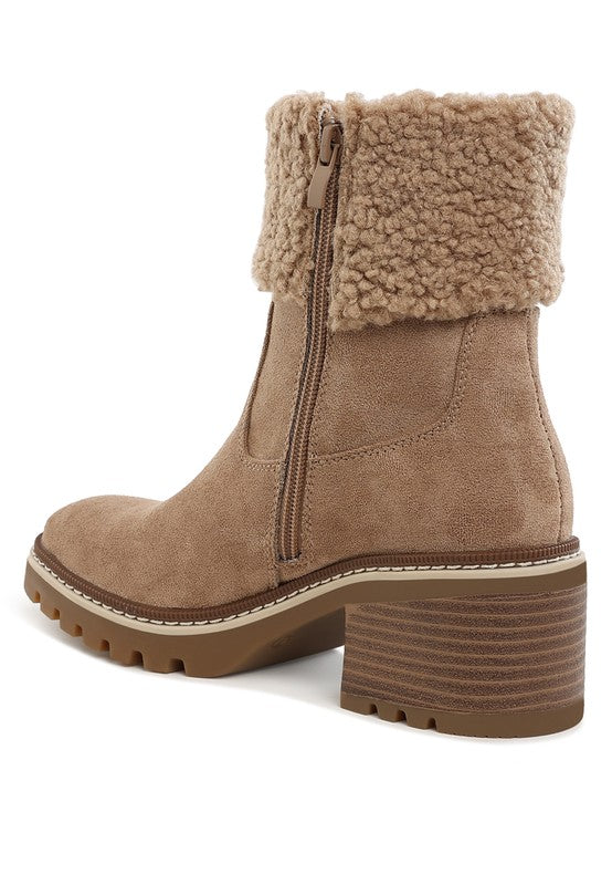 Back angle of Beige Woolly Faux Fur Embroidered Boots highlighting embroidery detail and heel.