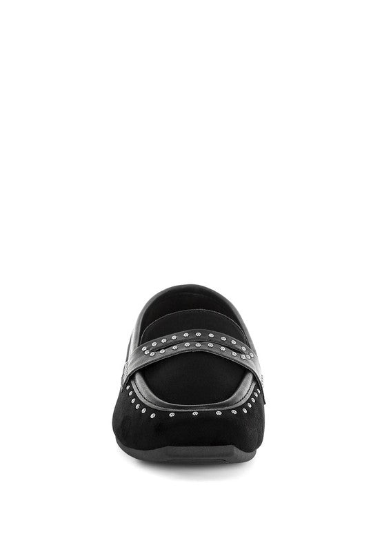 Front view of Black Lumina Penny Strap Studded Loafers showing square toe, penny strap, and stud embellishments.