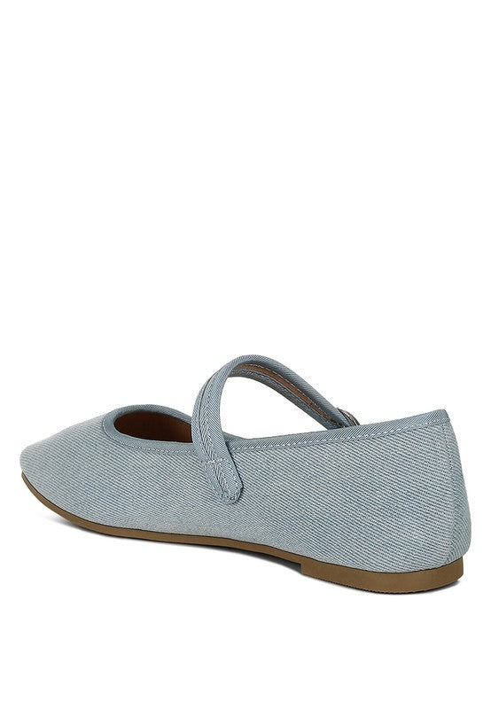 Iker Denim Ballerinas - Pin Buckle, Cushioned Insole, Flat Heel