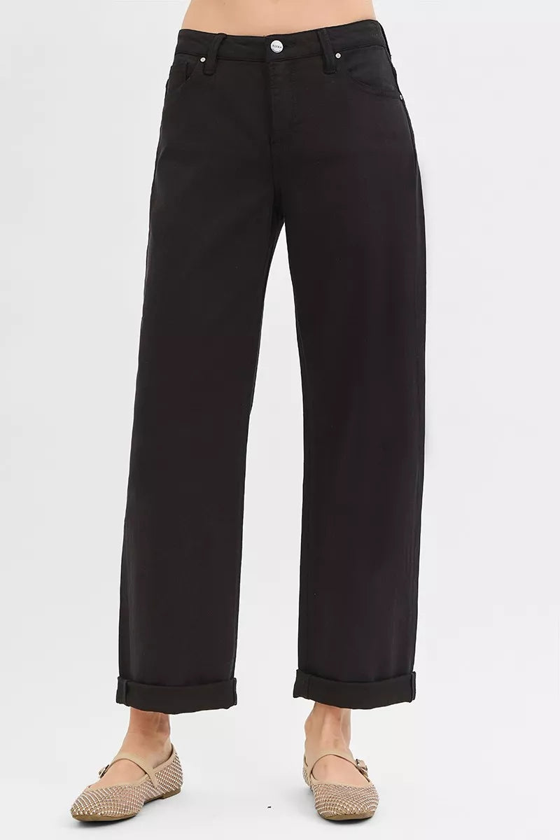Relaxed Black Trina Wide-Leg Jeans – mid rise, silver button front.