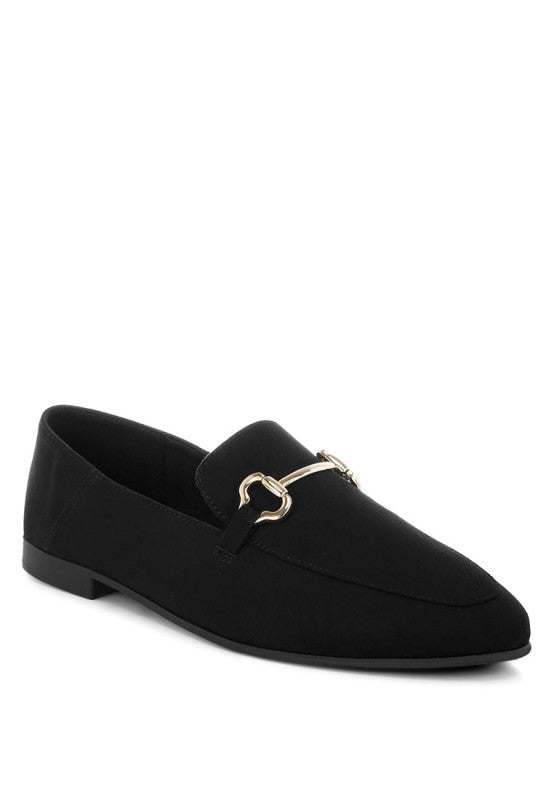 Black Noltas Flat Loafers with luxe horsebit embellishment and round closed toe.