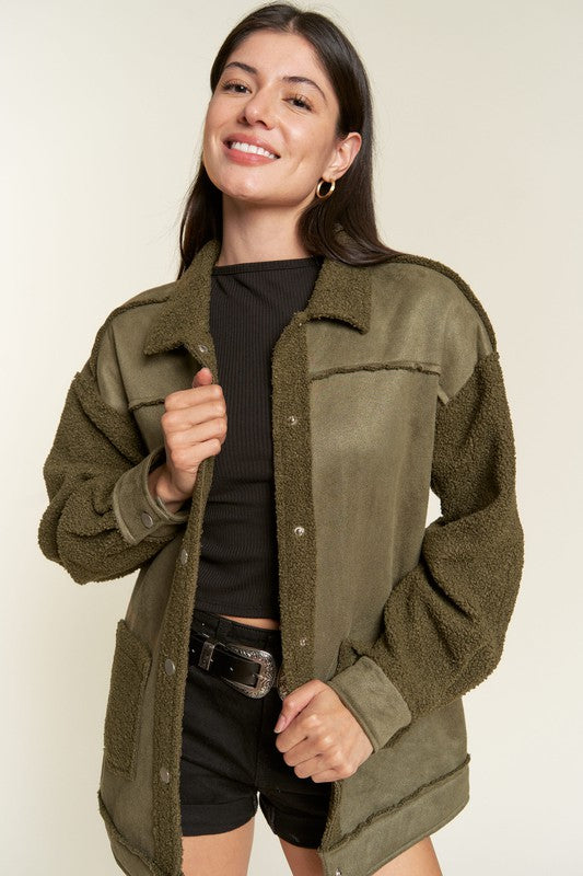 Galina Curvy Plus Faux Suede Jacket in olive, oversized style, front view.