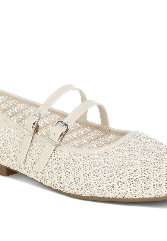 Close up of Warena Ballerinas in beige, woven raffia detail and cushioned insole