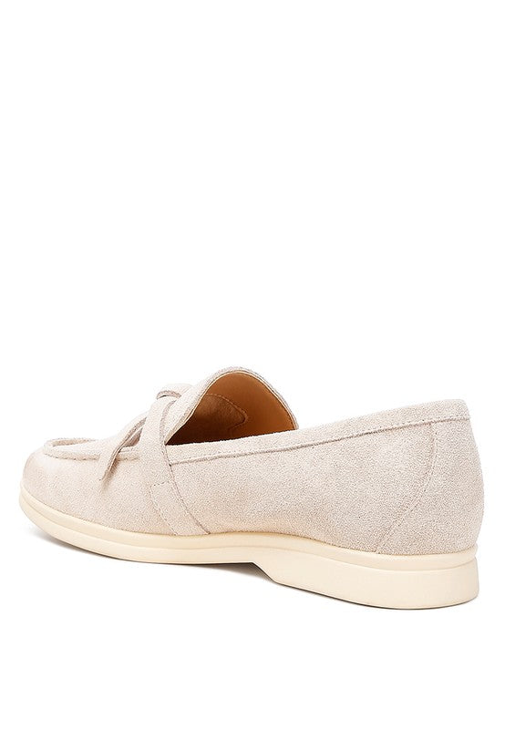 Back view of Nautica beige suede loafers showing heel and stitching.