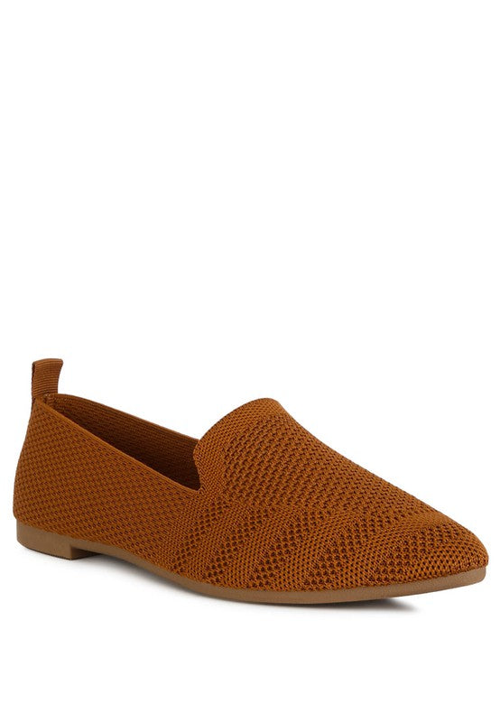 Akili Knit Textile Solid Flats in tan, front angle with textured knit look